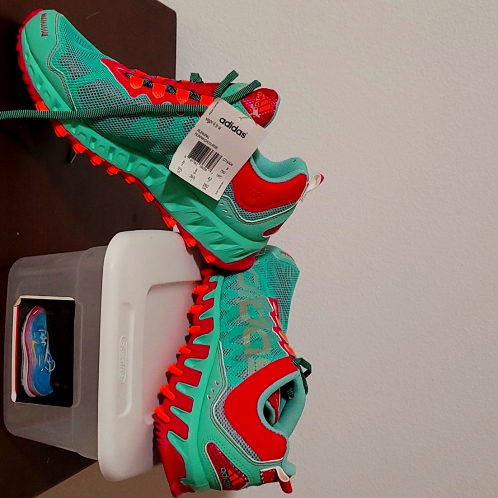 Addias green, fuchsia and aqua green tennis shoes
